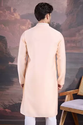 men's designer art silk peach kurta with sequins accent