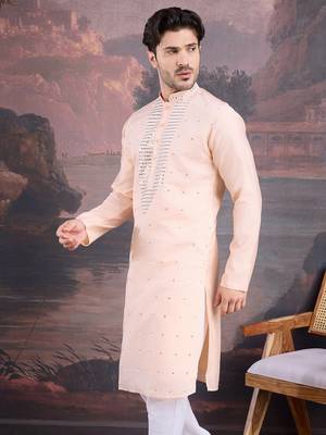 men's designer art silk peach kurta with sequins accent 4