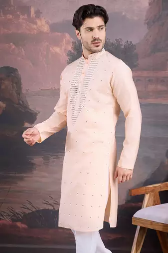 men's designer art silk peach kurta with sequins accent