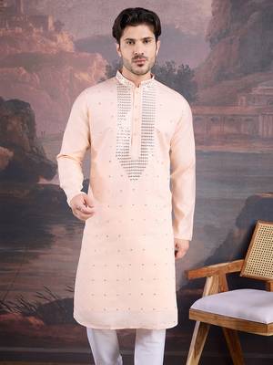 men's designer art silk peach kurta with sequins accent 5