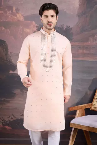 men's designer art silk peach kurta with sequins accent