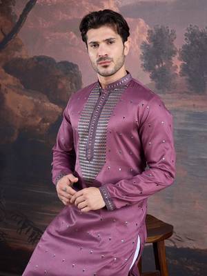 men's designer art silk purple kurta  with sequins accent 1