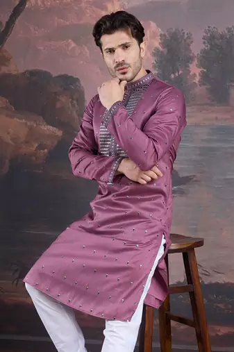 men's designer art silk purple kurta  with sequins accent