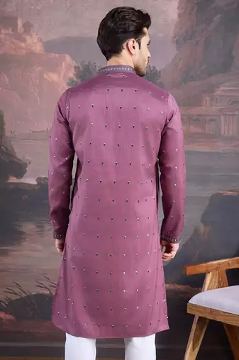 men's designer art silk purple kurta  with sequins accent