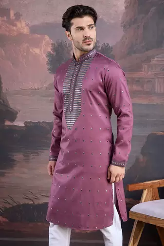 men's designer art silk purple kurta  with sequins accent