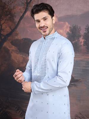 men's designer art silk sky blue kurta with sequins accent 1