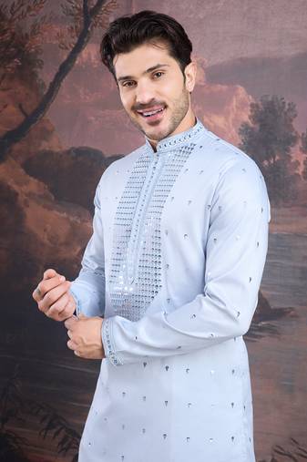 men's designer art silk sky blue kurta with sequins accent