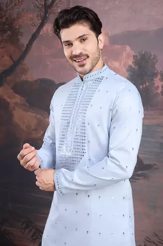 men's designer art silk sky blue kurta with sequins accent