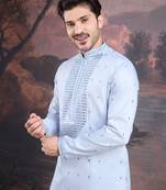 men's designer art silk sky blue kurta with sequins accent