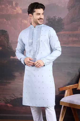 men's designer art silk sky blue kurta with sequins accent