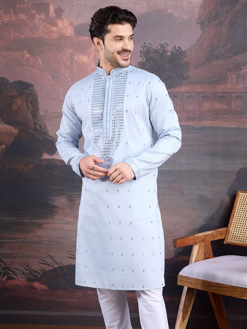 men's designer art silk sky blue kurta with sequins accent