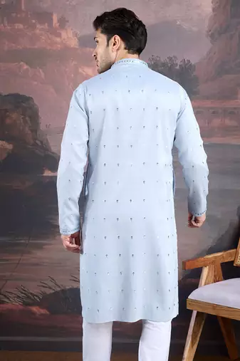 men's designer art silk sky blue kurta with sequins accent