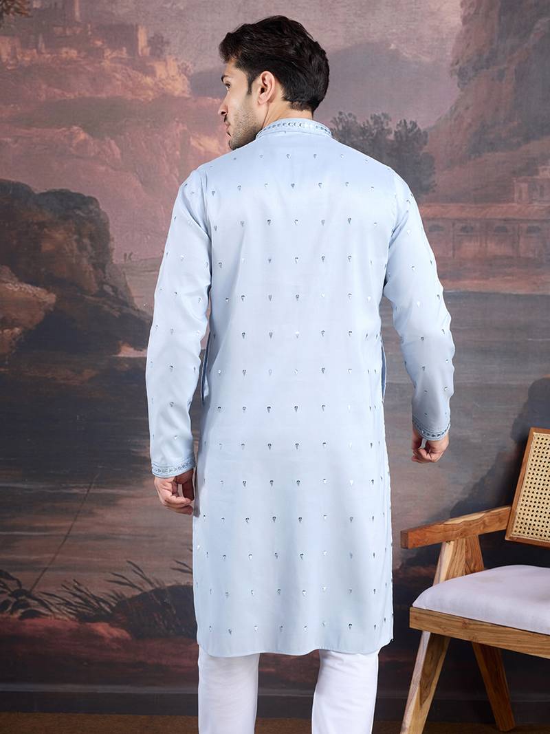 men's designer art silk sky blue kurta with sequins accent