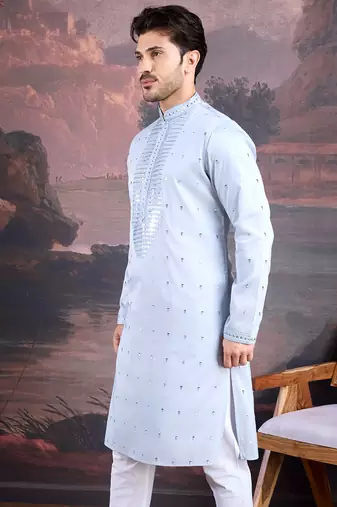 men's designer art silk sky blue kurta with sequins accent