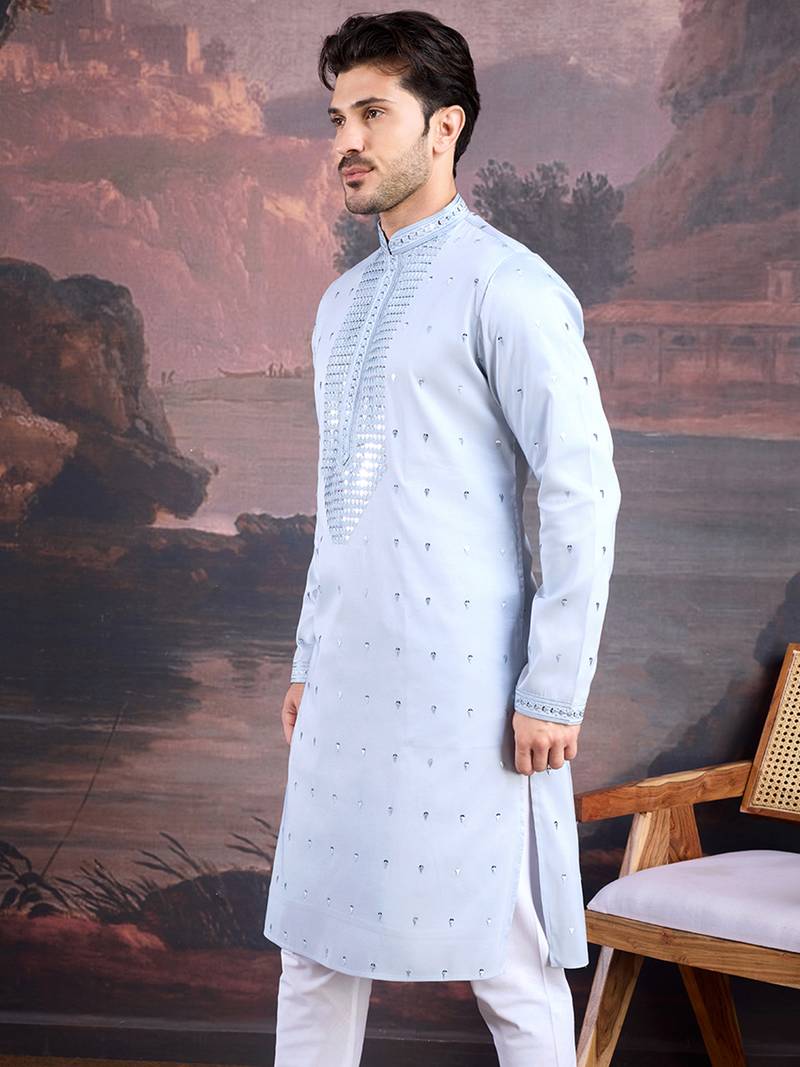 men's designer art silk sky blue kurta with sequins accent