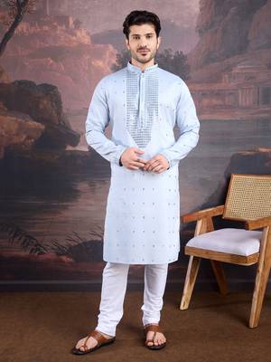 men's designer art silk sky blue kurta with sequins accent 5