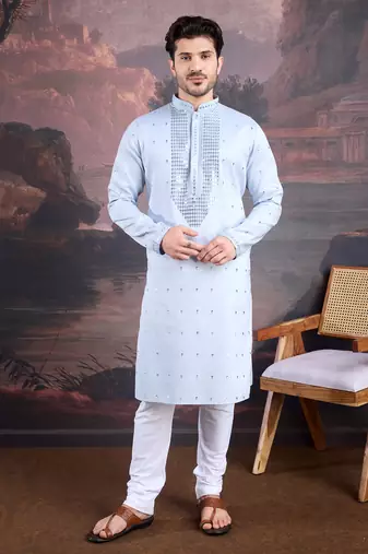 men's designer art silk sky blue kurta with sequins accent