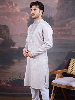 Men's designer grey woven kurta 4