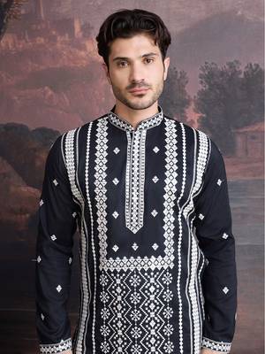 men's premium cotton embroidered sequinned kurta in black 1