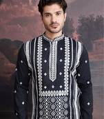 men's premium cotton embroidered sequinned kurta in black