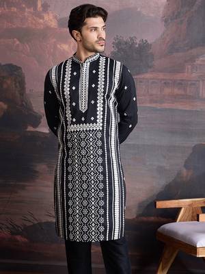 men's premium cotton embroidered sequinned kurta in black 2