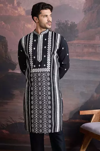 men's premium cotton embroidered sequinned kurta in black