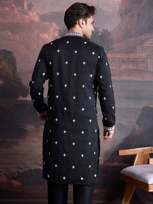 men's premium cotton embroidered sequinned kurta in black 3