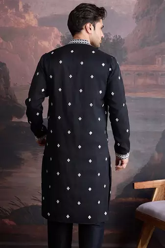 men's premium cotton embroidered sequinned kurta in black