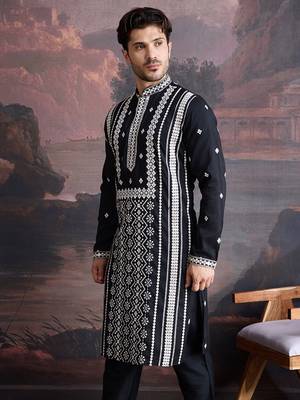 men's premium cotton embroidered sequinned kurta in black 4