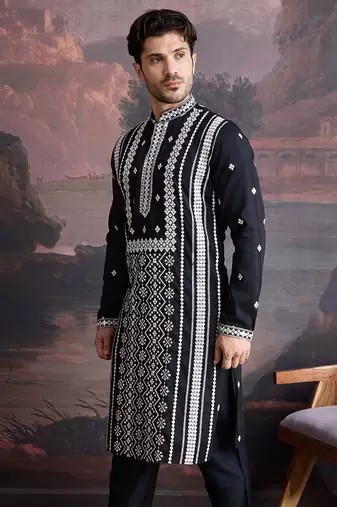 men's premium cotton embroidered sequinned kurta in black