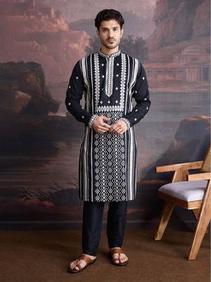 men's premium cotton embroidered sequinned kurta in black 5