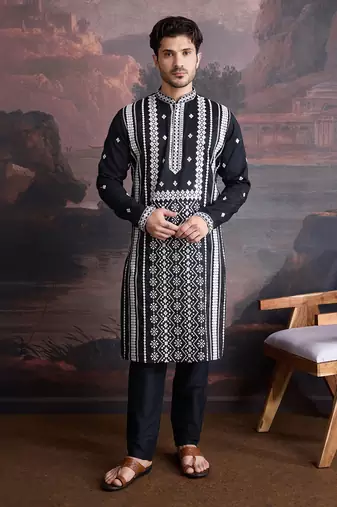 men's premium cotton embroidered sequinned kurta in black