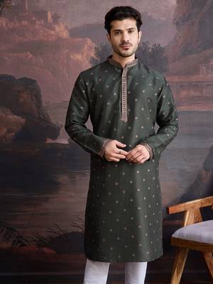 Men's stylish & designer deep green woven kurta 2