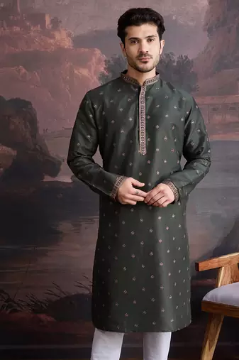 Men's stylish & designer deep green woven kurta