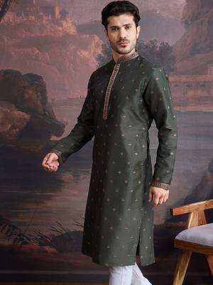 Men's stylish & designer deep green woven kurta 4