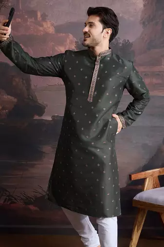 Men's stylish & designer deep green woven kurta