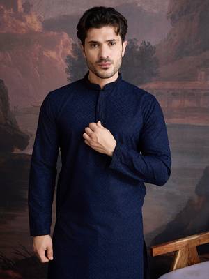 men's cotton chikankari stylish kurta in blue 1