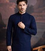 men's cotton chikankari stylish kurta in blue