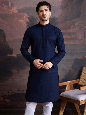 men's cotton chikankari stylish kurta in blue 2