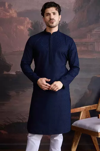 men's cotton chikankari stylish kurta in blue