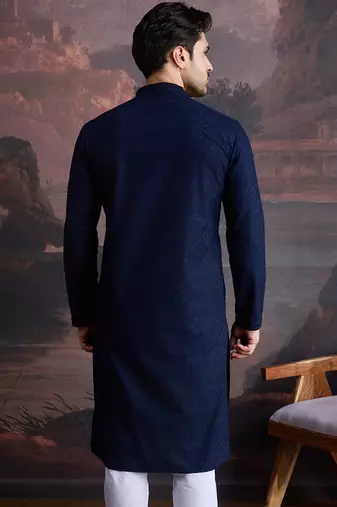 men's cotton chikankari stylish kurta in blue