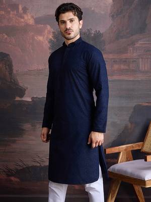 men's cotton chikankari stylish kurta in blue 4