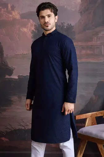 men's cotton chikankari stylish kurta in blue