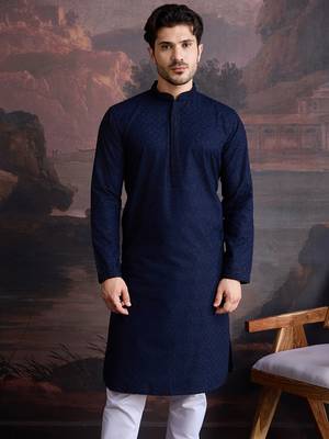 men's cotton chikankari stylish kurta in blue 5