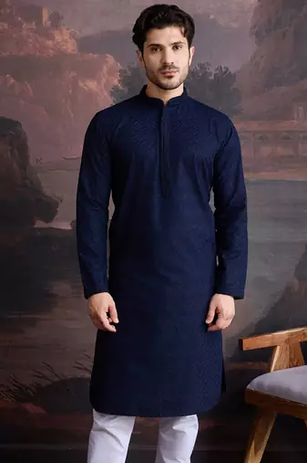 men's cotton chikankari stylish kurta in blue