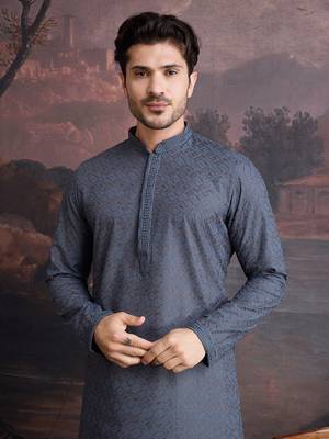 men's cotton chikankari stylish kurta in grey 1