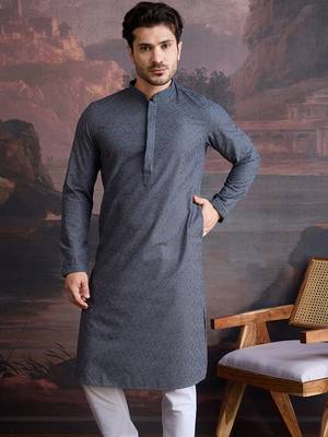 men's cotton chikankari stylish kurta in grey 2