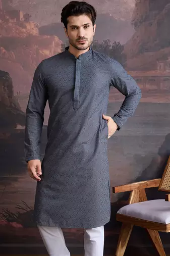 men's cotton chikankari stylish kurta in grey