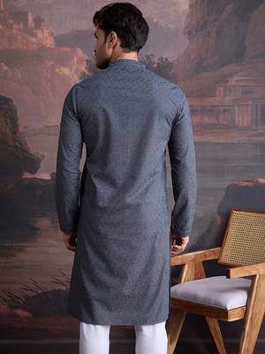 men's cotton chikankari stylish kurta in grey 3