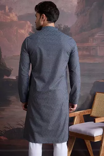 men's cotton chikankari stylish kurta in grey